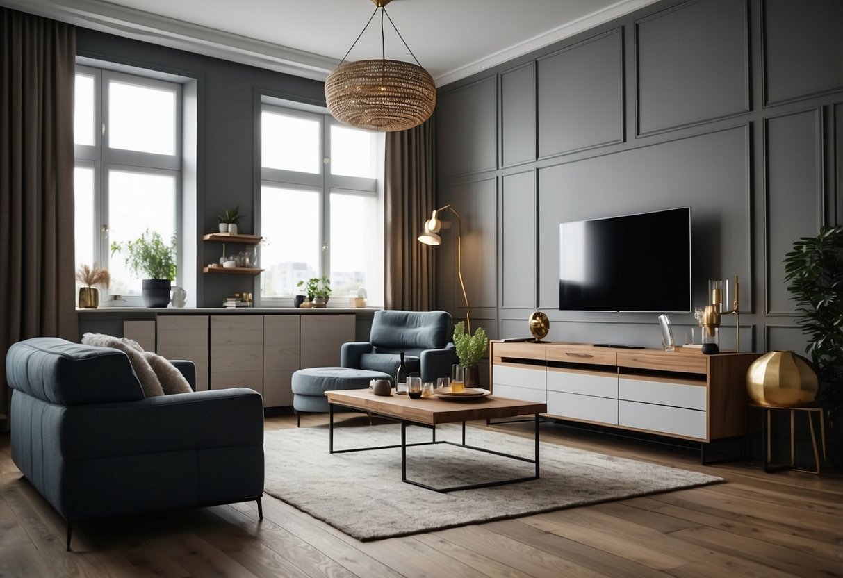 A room with a mix of built-in furniture and loose pieces, showing contrast in style and function