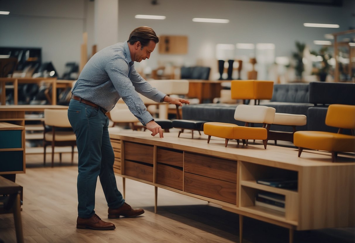 A customer selecting and customizing mid-century modern furniture legs at a specialized store