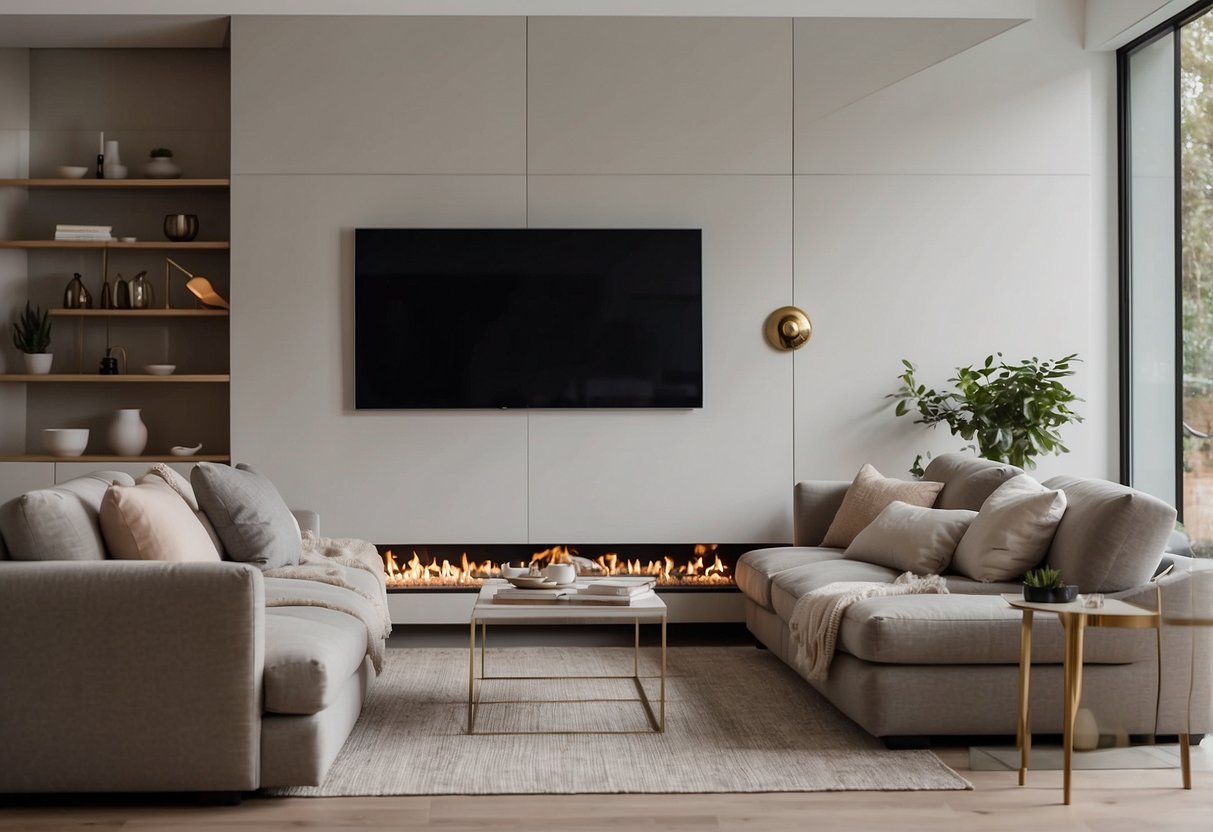 A cozy living room with affordable, stylish furniture. Neutral tones, soft textures, and sleek lines create a modern yet comfortable space