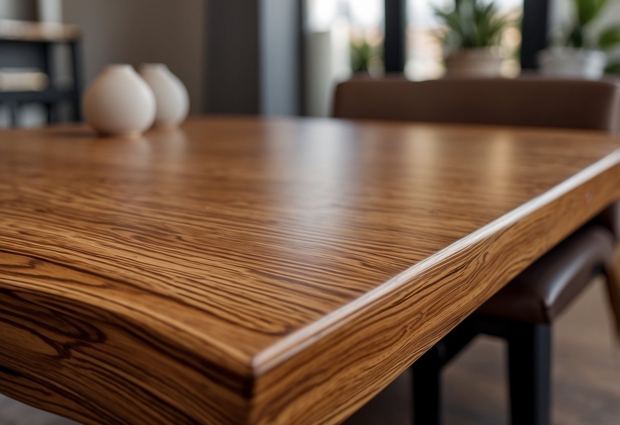 Wood grain furniture stickers being applied to a table, shelf, and cabinet, instantly transforming the surfaces with a realistic wood texture and warm, natural aesthetic