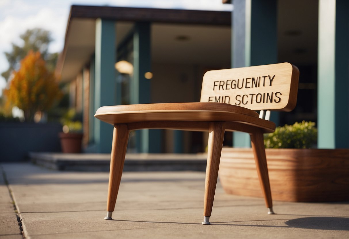 A stack of mid century modern furniture legs with a sign "Frequently Asked Questions" nearby