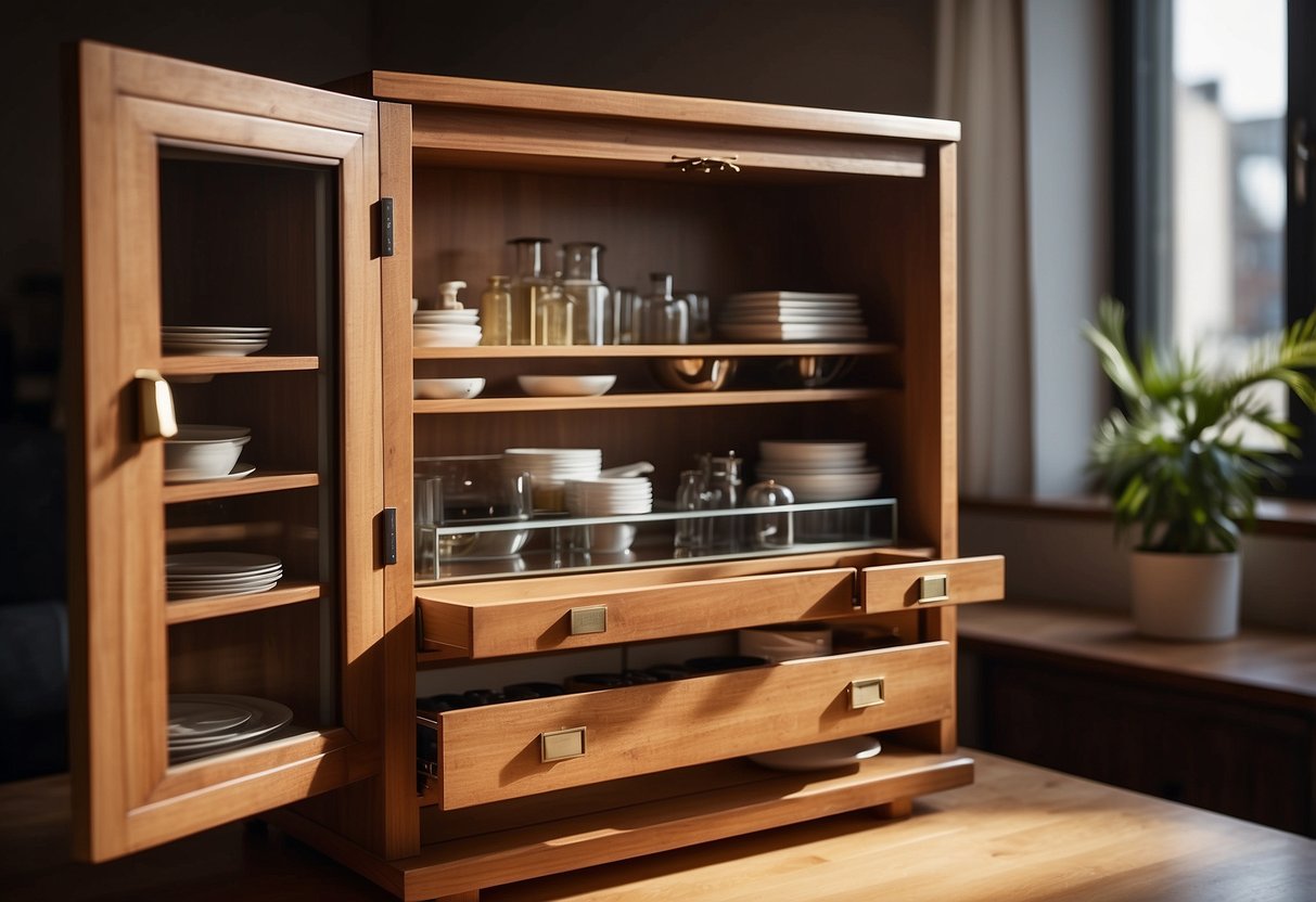 A wooden cabinet opens to reveal hidden compartments. Items are neatly organized inside. Light from a nearby window illuminates the interior