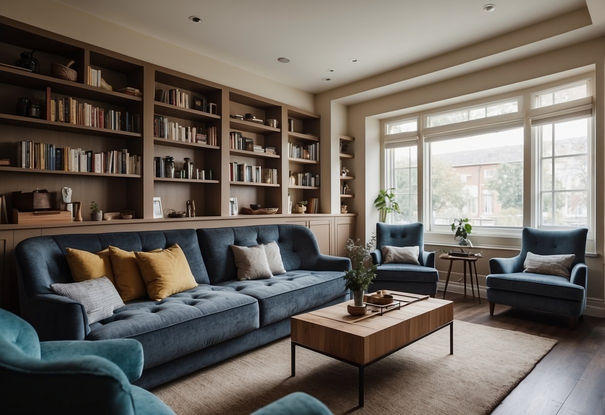 A room with built-in furniture like shelves, cabinets, and window seats contrasted with loose furniture such as chairs, tables, and sofas