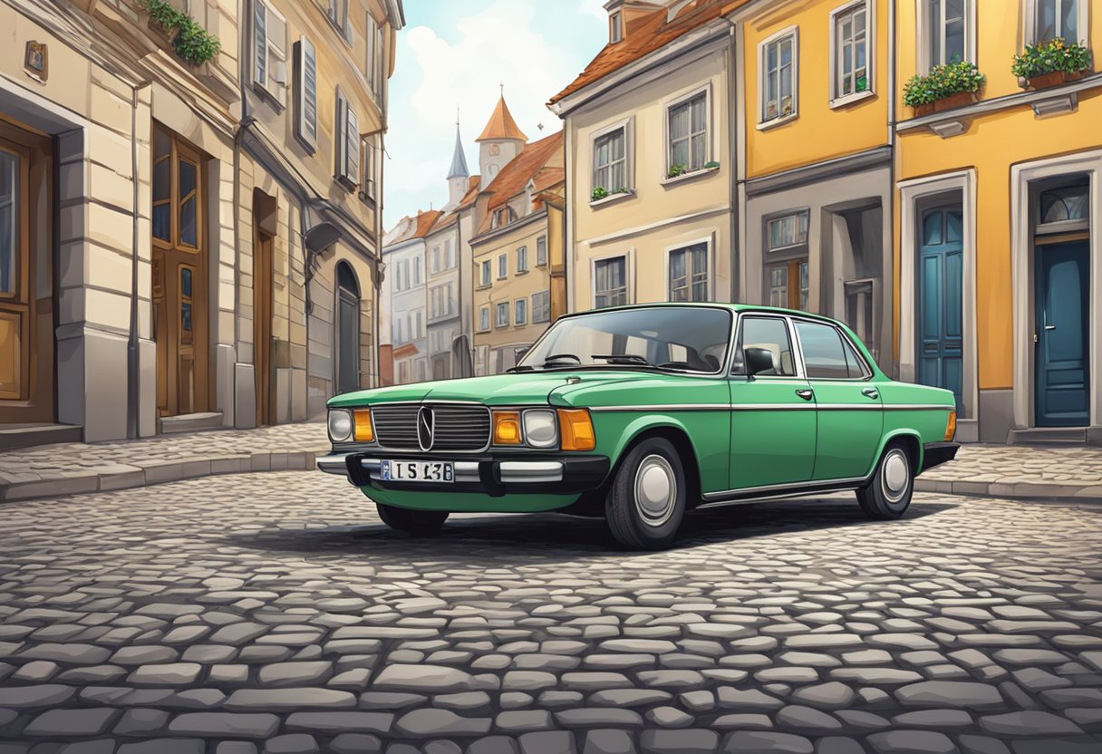 A car with the license plate "SHG" parked on a cobblestone street in a European city