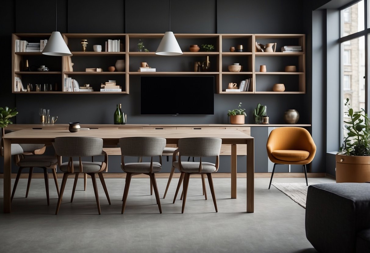 A room with built-in furniture like shelves and cabinets, contrasting with loose furniture like chairs and tables. The built-in furniture appears seamless and integrated, while the loose furniture adds flexibility and mobility to the space