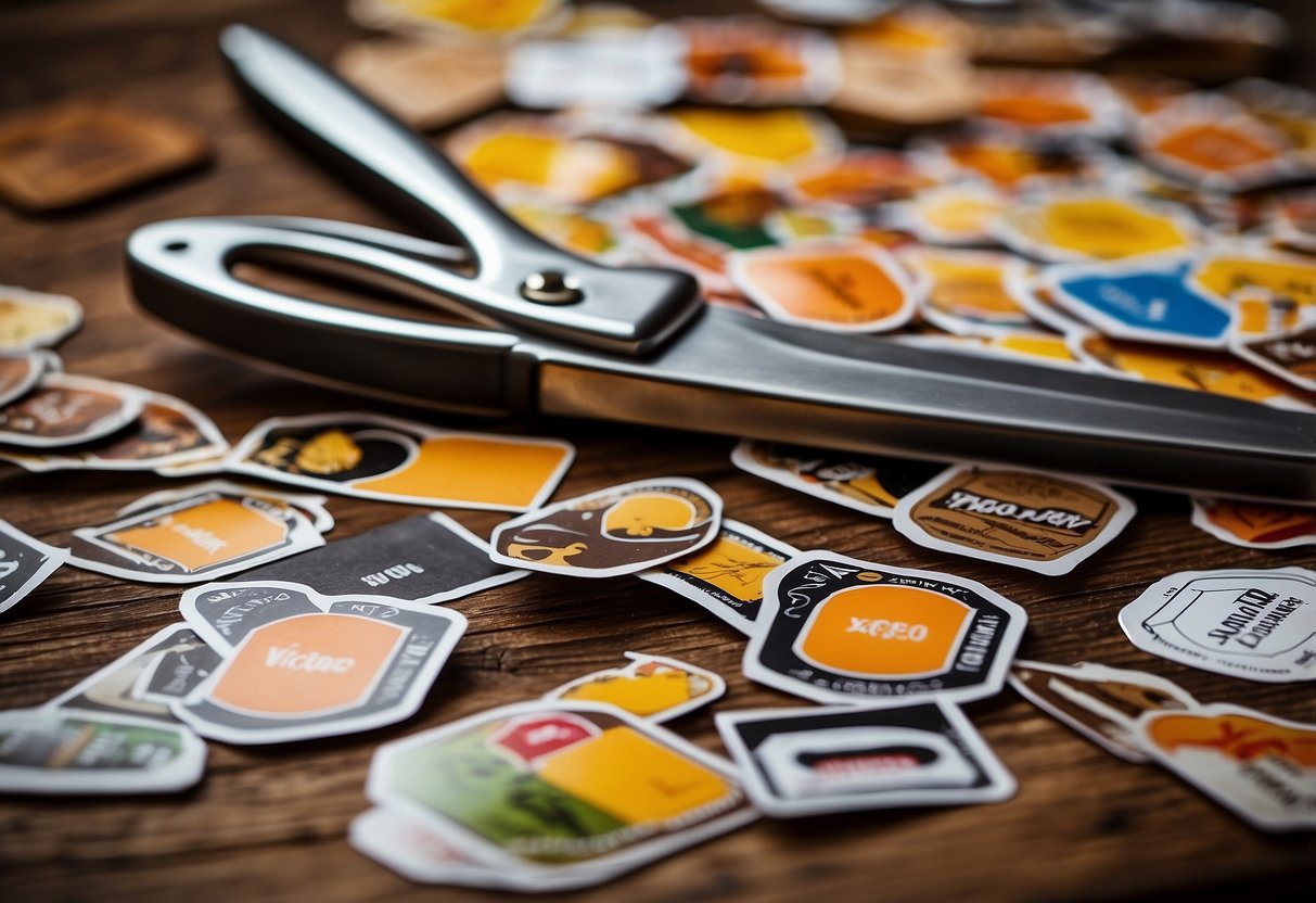 A table covered in wood grain stickers, with a hand peeling one off. A stack of sticker sheets and a pair of scissors sit nearby