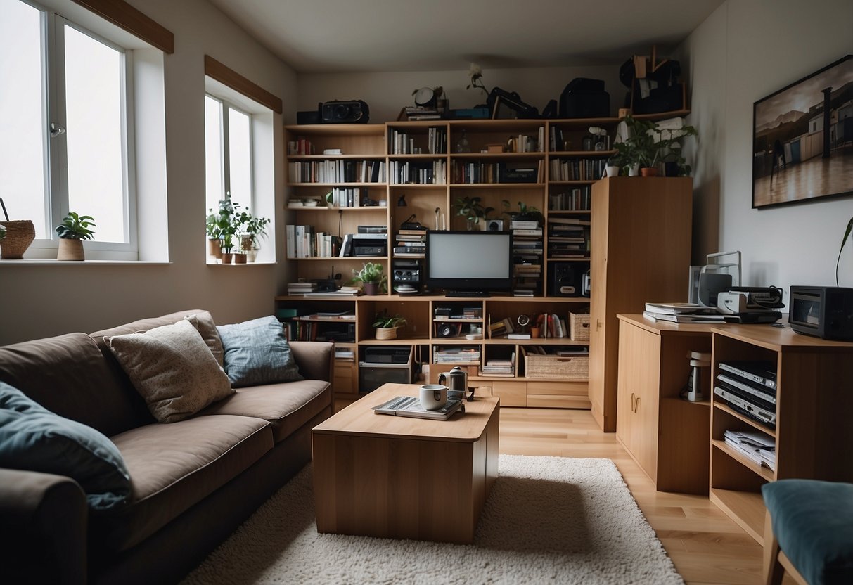 A room with neatly arranged built-in furniture contrasts with another room filled with loose furniture in disarray