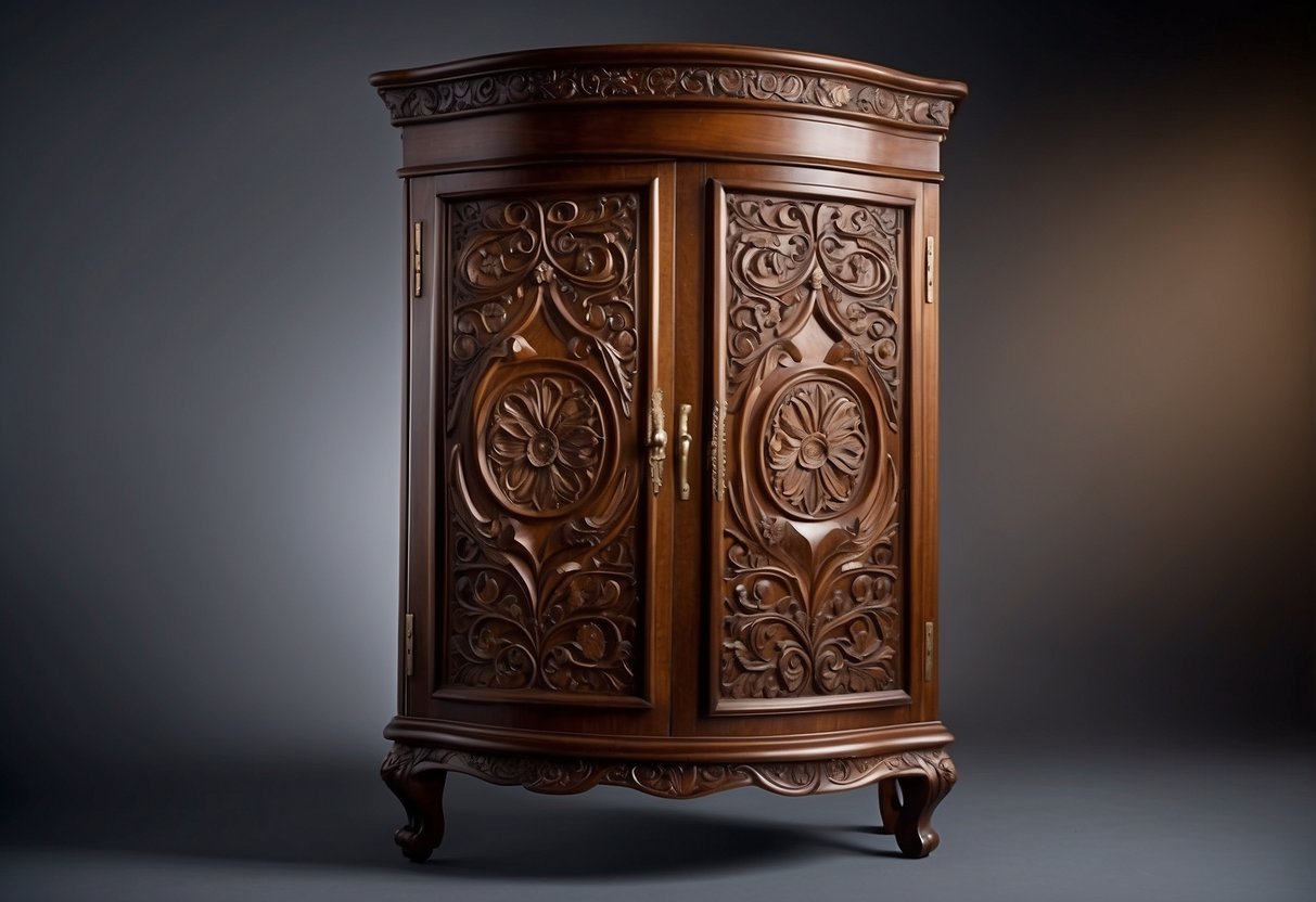 A corner furniture cabinet stands tall, with intricate carvings and ornate handles. The wood is polished to a high shine, reflecting the soft glow of the room's light