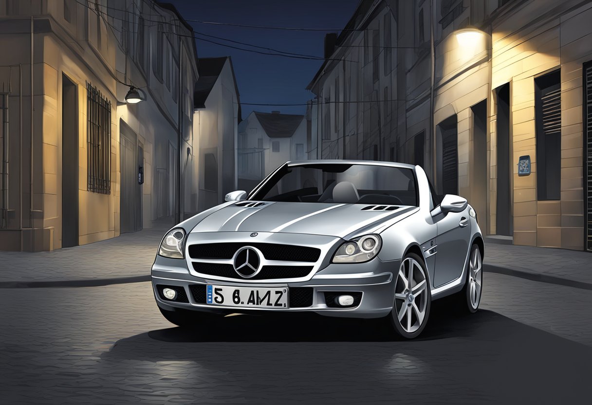 A silver SLK with the license plate "autokennzeichen slk" parked in a dimly lit alleyway