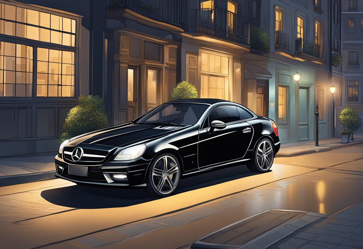 A sleek black car with the license plate "SLK" parked in a dimly lit alleyway, surrounded by tall buildings and a faint glow from streetlights