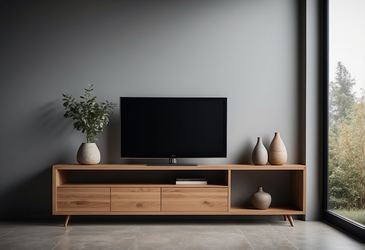 A sleek, modern corner furniture cabinet stands against a neutral backdrop, showcasing its stylish design and functional storage capabilities