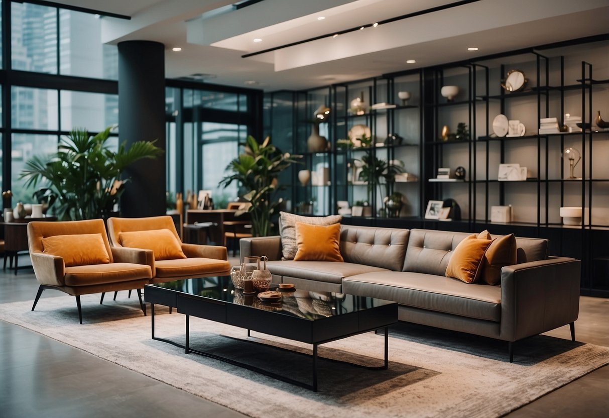 A sleek, modern furniture showroom in Singapore with a variety of stylish pieces on display for rental