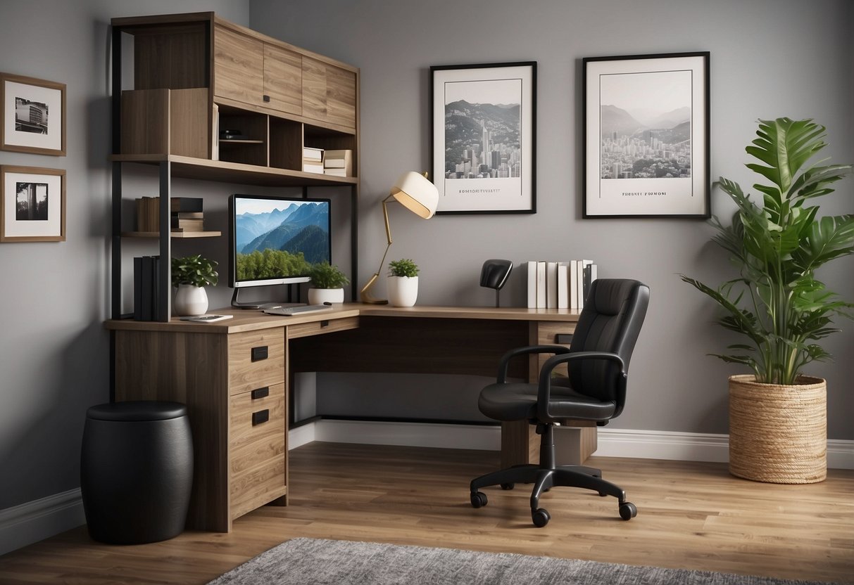 A corner furniture cabinet with "Frequently Asked Questions" printed on the front, surrounded by various office supplies and a comfortable chair