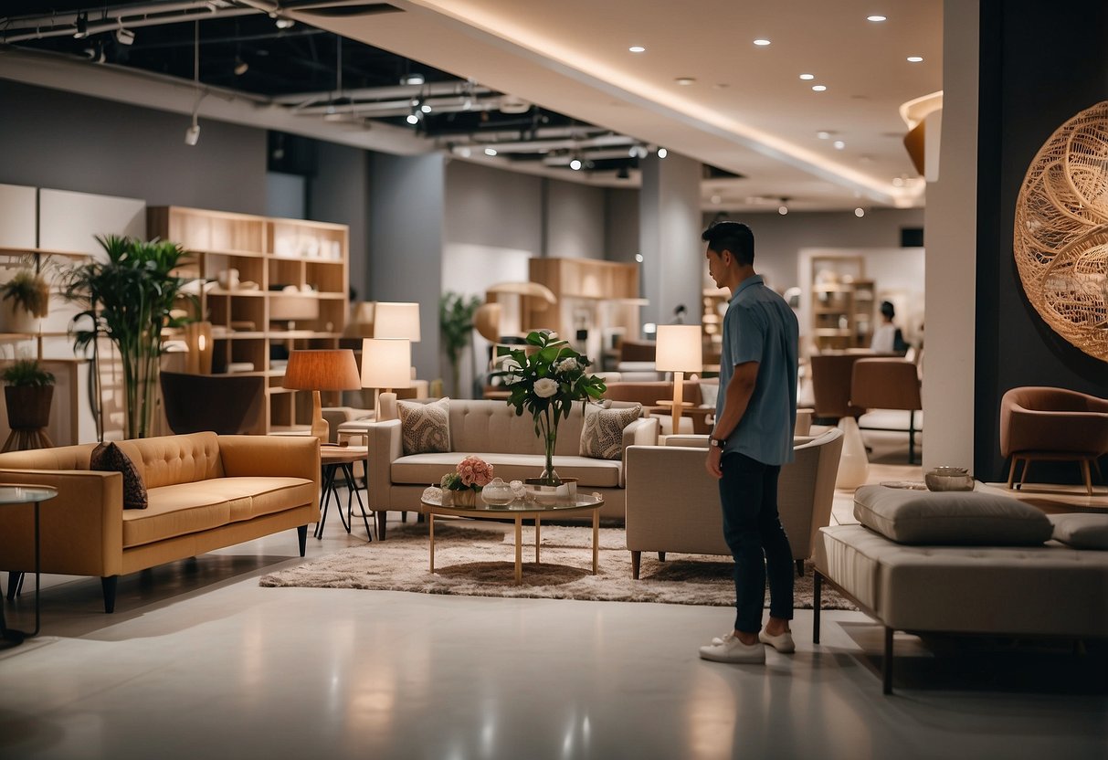 A person browsing through a variety of furniture options in a showroom of a Singapore furniture rental company