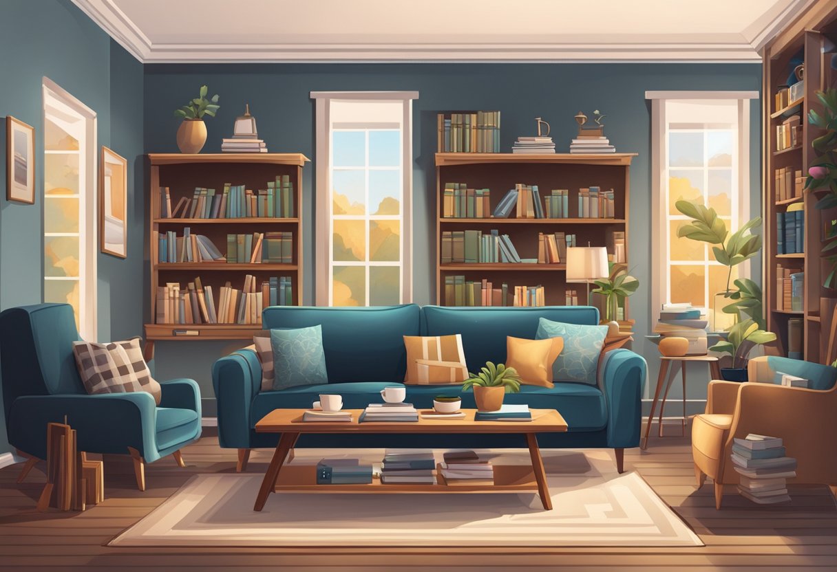 A cozy living room with a plush sofa, elegant coffee table, and a bookshelf filled with books and decorative items