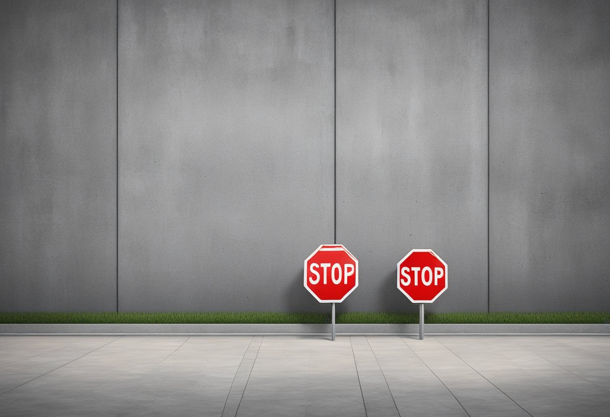 A red stop sign with white lettering stands out against a gray concrete wall