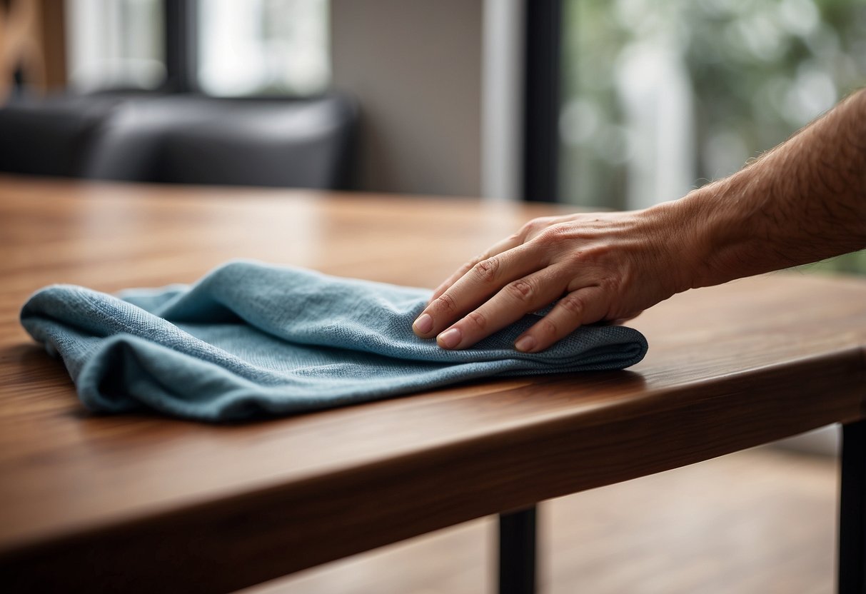 A hand presses a cloth onto a wooden table, applying silicone furniture polish in circular motions