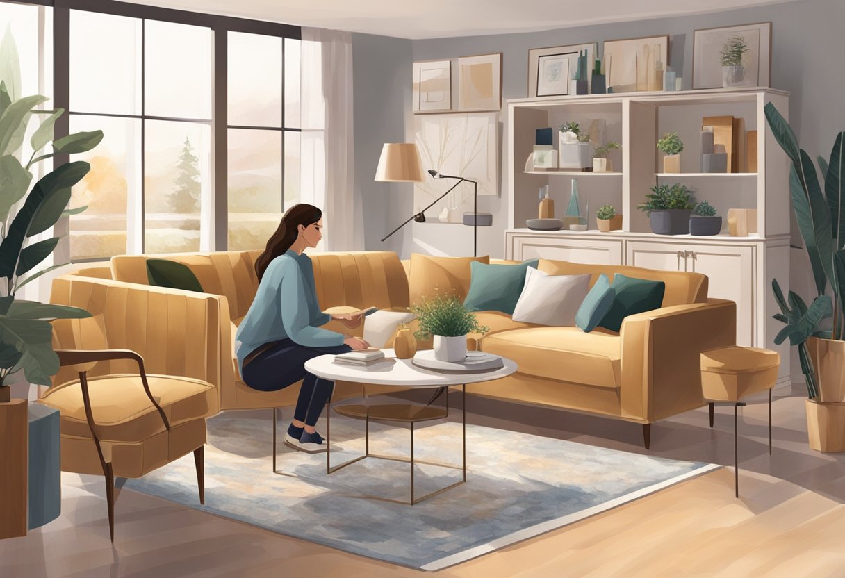 A person finds Melanie Furniture in a cozy, well-lit showroom with modern and elegant pieces displayed