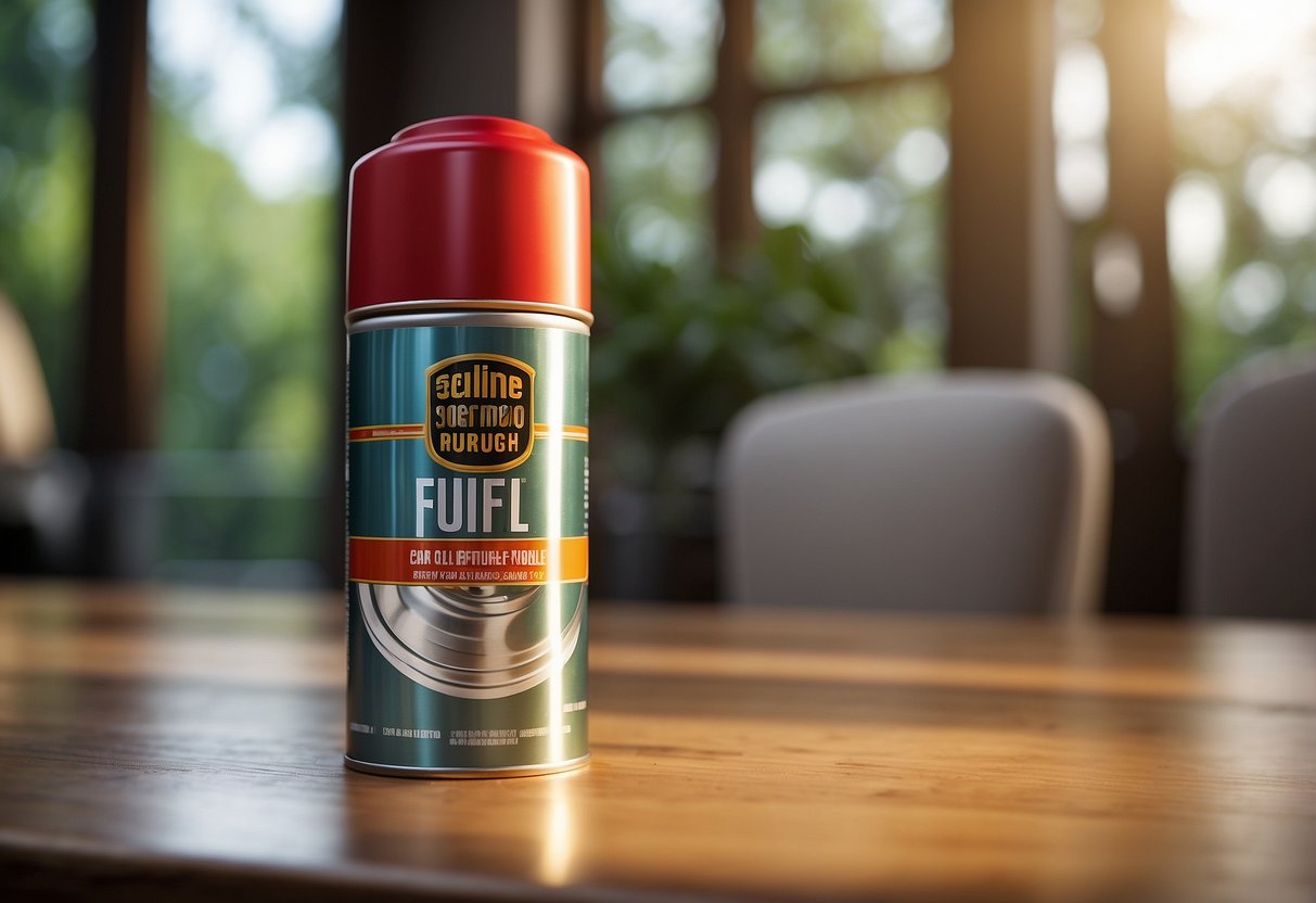 A can of silicone furniture polish spraying onto a wooden table, creating a glossy and clean finish