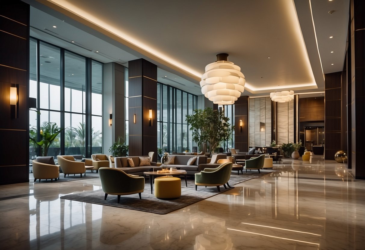 A modern, spacious hotel lobby with sleek, contemporary furniture arranged in an inviting layout. The furniture includes comfortable chairs, stylish tables, and elegant lighting fixtures