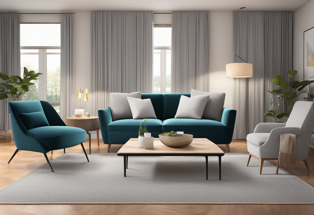 A living room with Melanie furniture: a sleek sofa, modern coffee table, and elegant armchair. Soft lighting and a cozy rug complete the inviting space