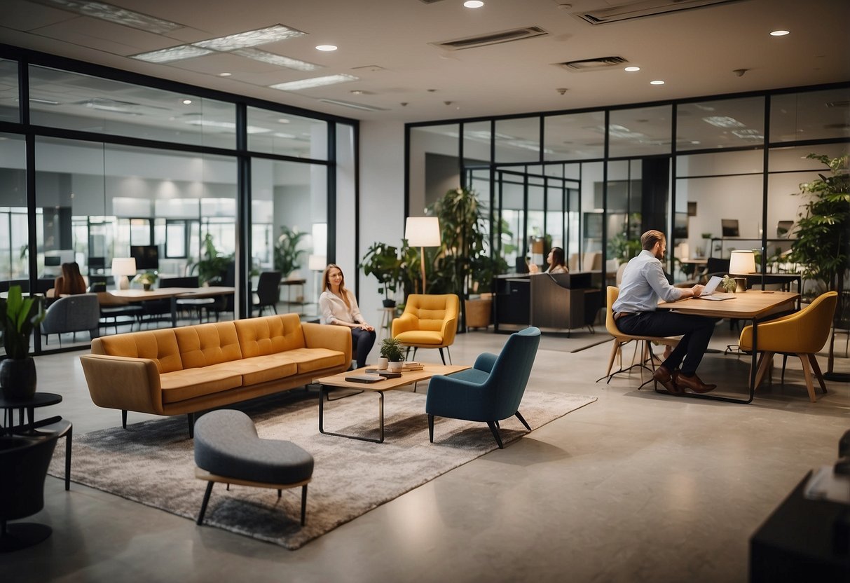 A busy office with employees discussing and selecting furniture from a catalog. Bright, modern pieces are displayed on screens and in the showroom