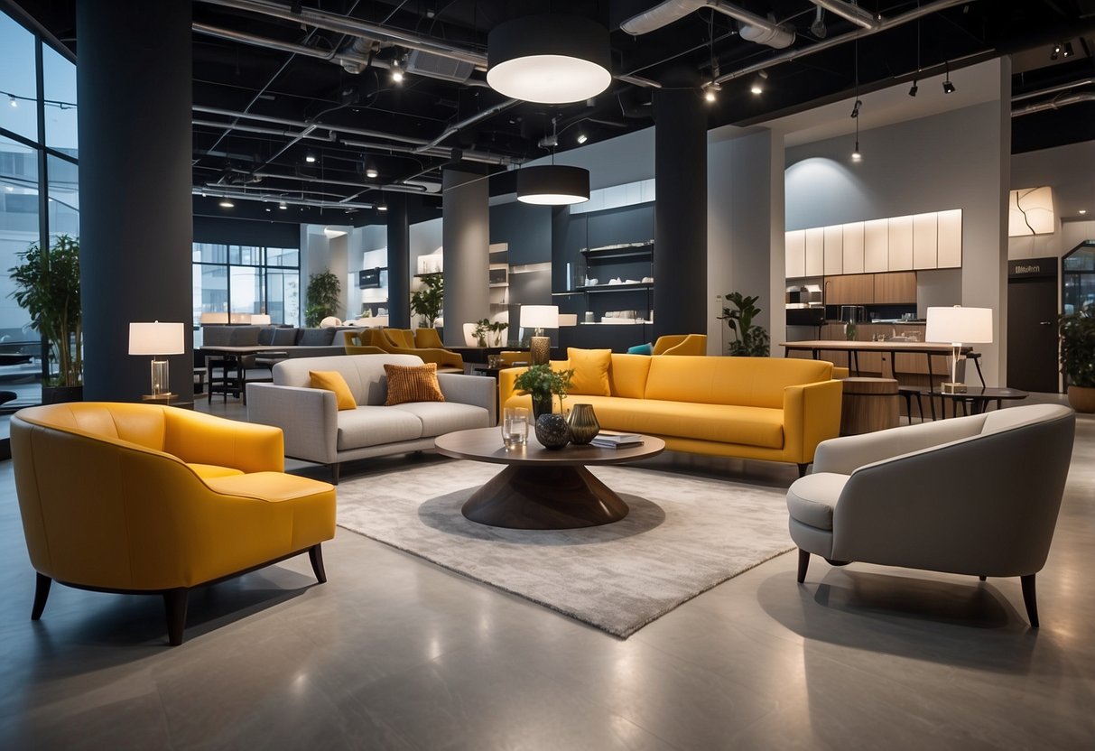 A modern, spacious showroom displaying a variety of sleek, durable commercial hospitality furniture. Bright lighting highlights the clean lines and stylish designs