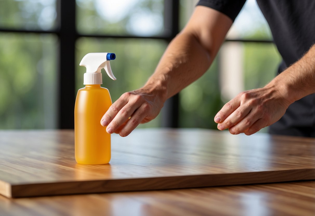 A hand holding a spray bottle of silicone furniture polish, spraying it onto a wooden table and then using a soft cloth to buff and polish the surface