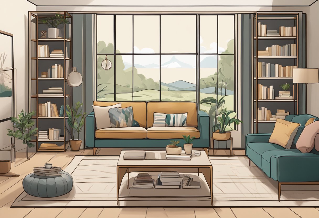 A cozy living room with a comfortable sofa, a stylish coffee table, and a bookshelf filled with various items. A FAQ booklet about Melanie furniture sits on the table