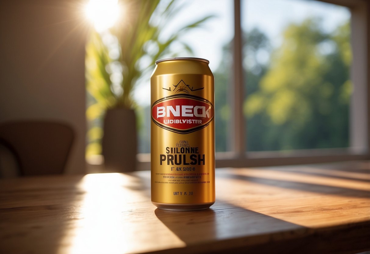A can of silicone furniture polish sits on a clean, polished wooden table with a soft cloth next to it. Rays of sunlight filter through the window, highlighting the glossy finish of the table