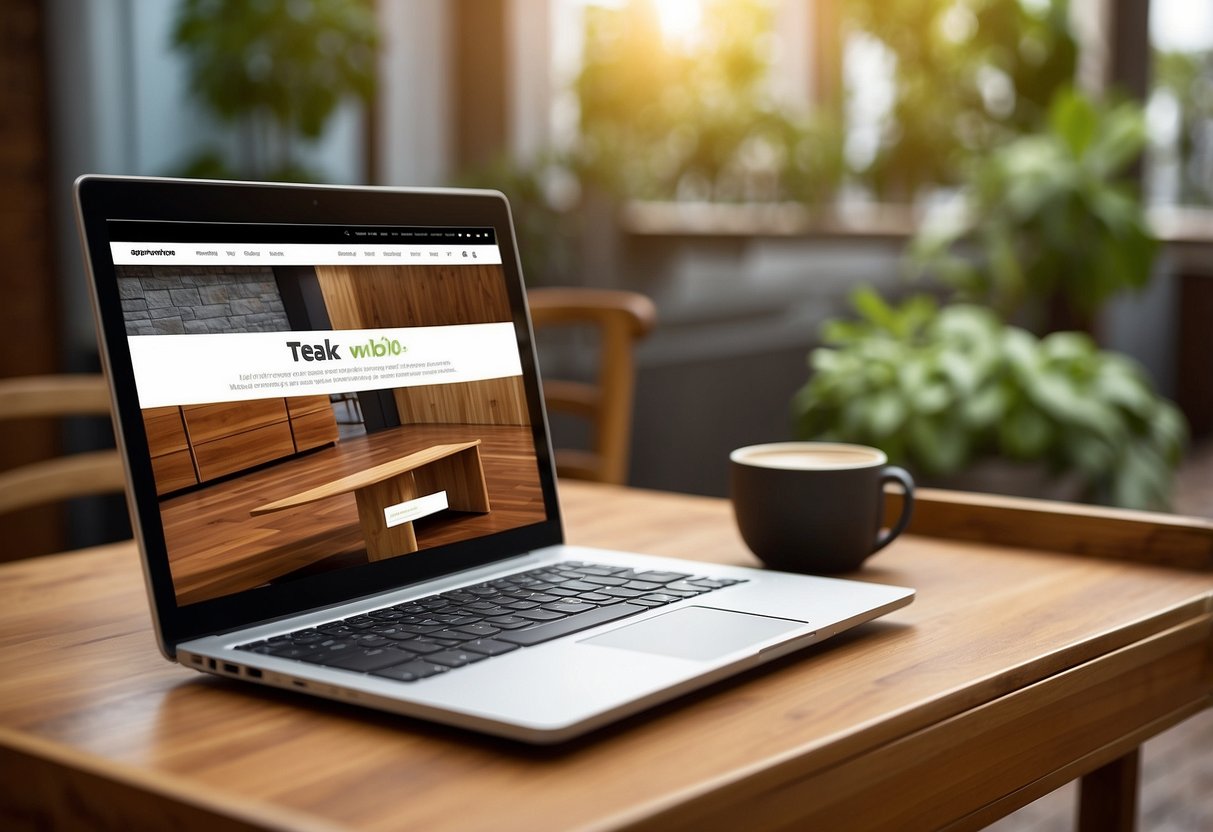 A laptop displaying a website with teak furniture. A cursor clicks "add to cart" button