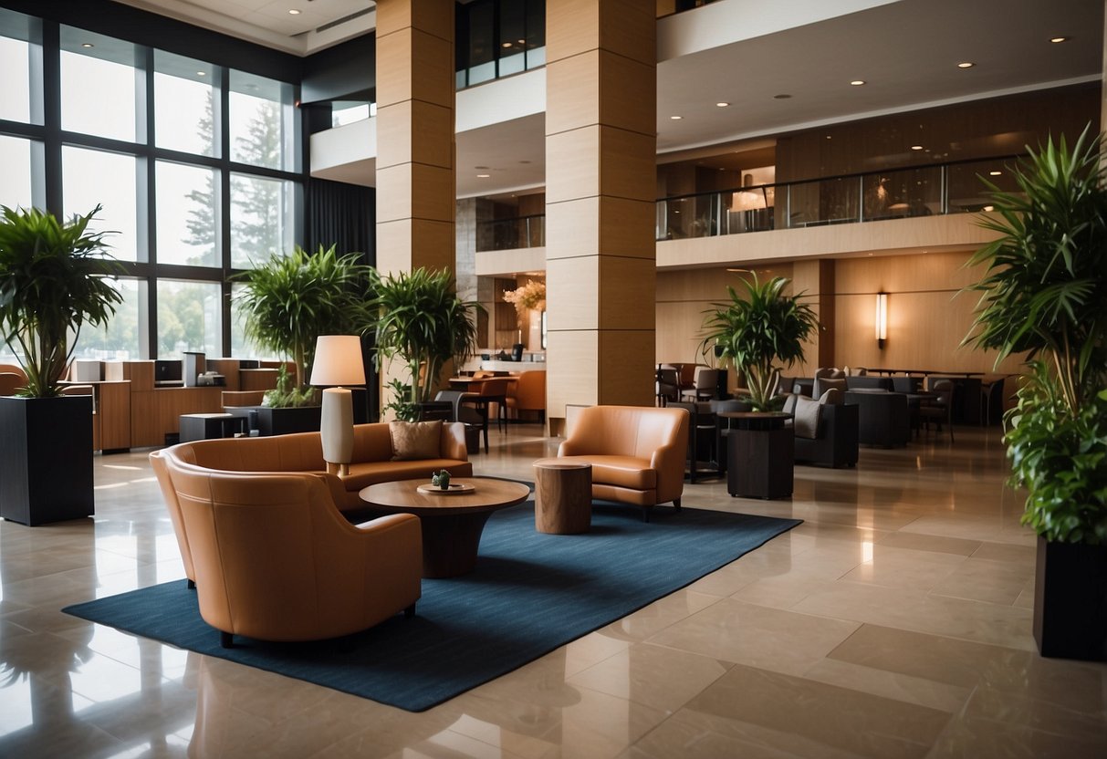 A welcoming hotel lobby with modern, comfortable furniture and a friendly front desk staff
