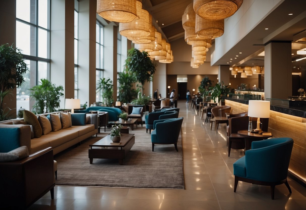 A bustling hotel lobby with various seating options, including chairs, sofas, and tables. Guests and staff engage in conversation and relaxation, creating a welcoming and comfortable atmosphere