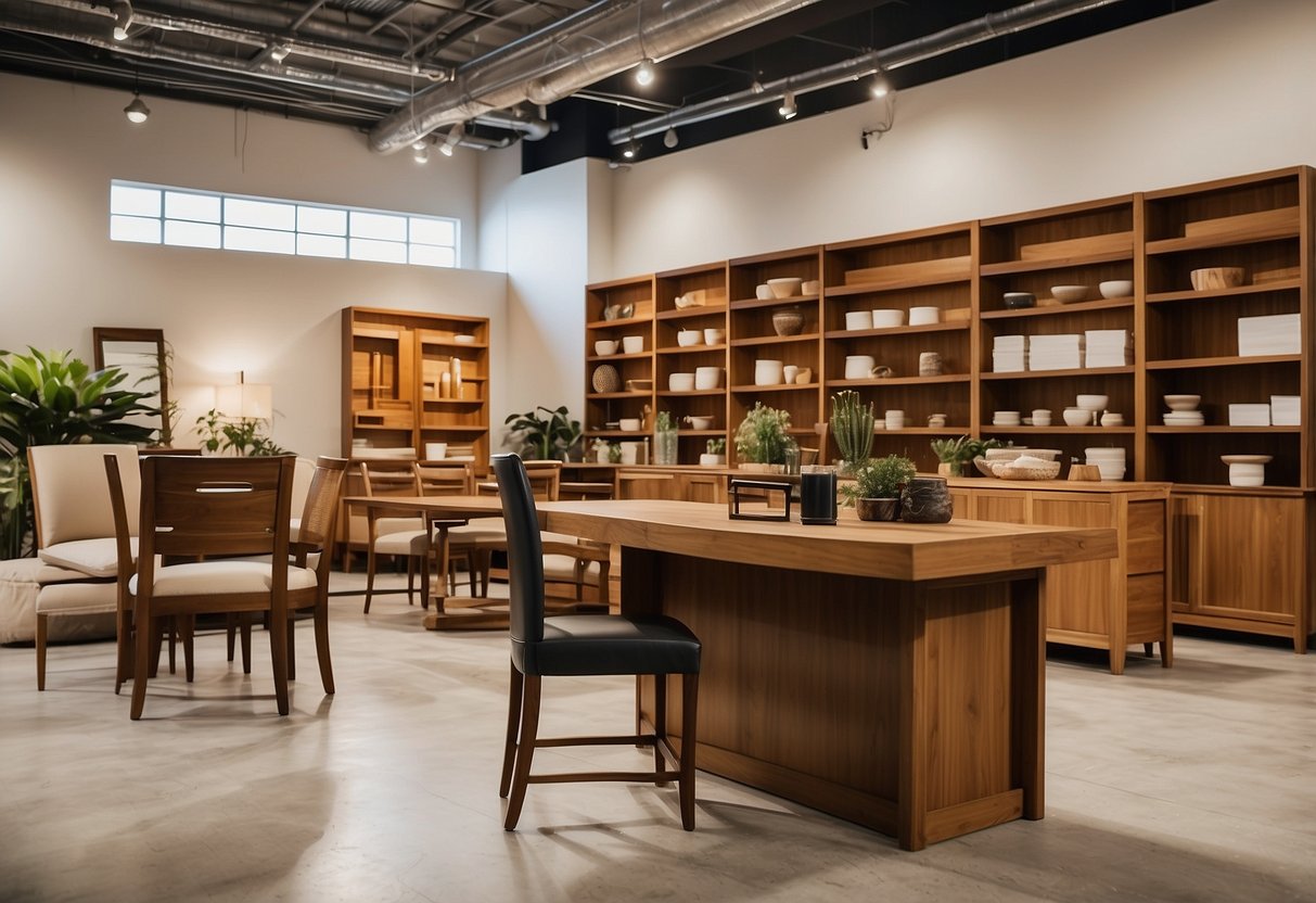 A spacious, well-lit showroom displays a variety of teak furniture options, including tables, chairs, and cabinets. Online ordering information is prominently featured