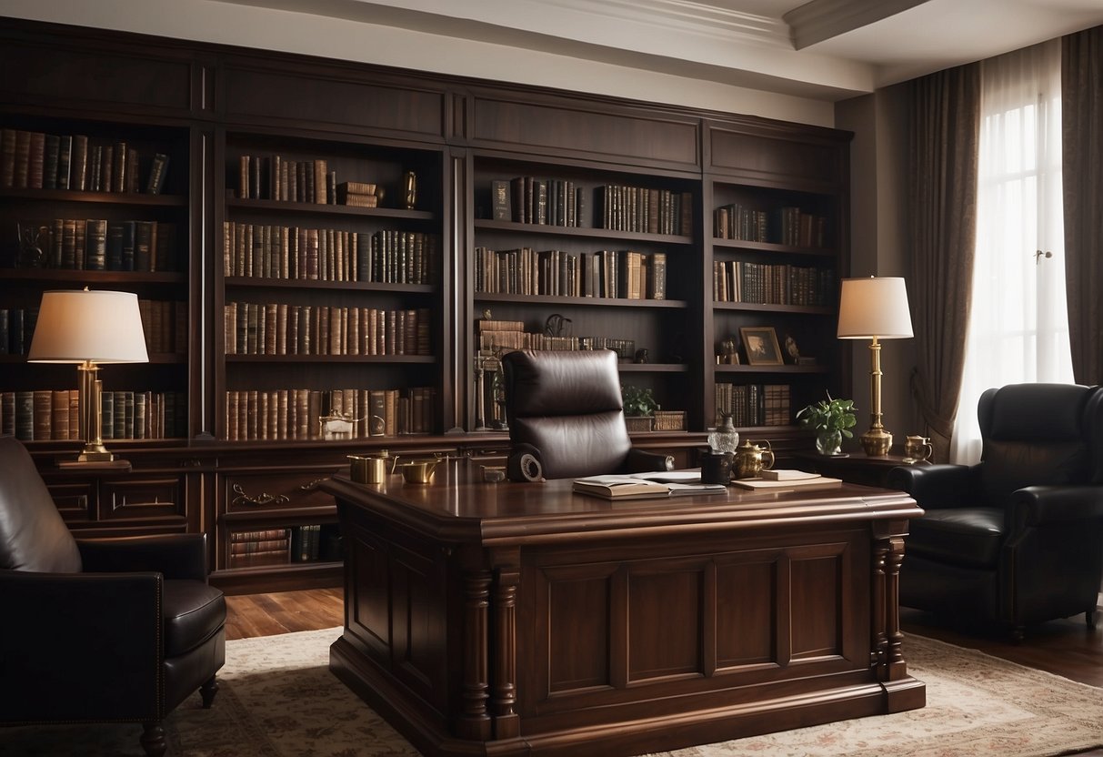 A spacious room with a large wooden desk, bookshelves, and a comfortable armchair, all made of rich, dark wood. The furniture exudes an air of authority and sophistication