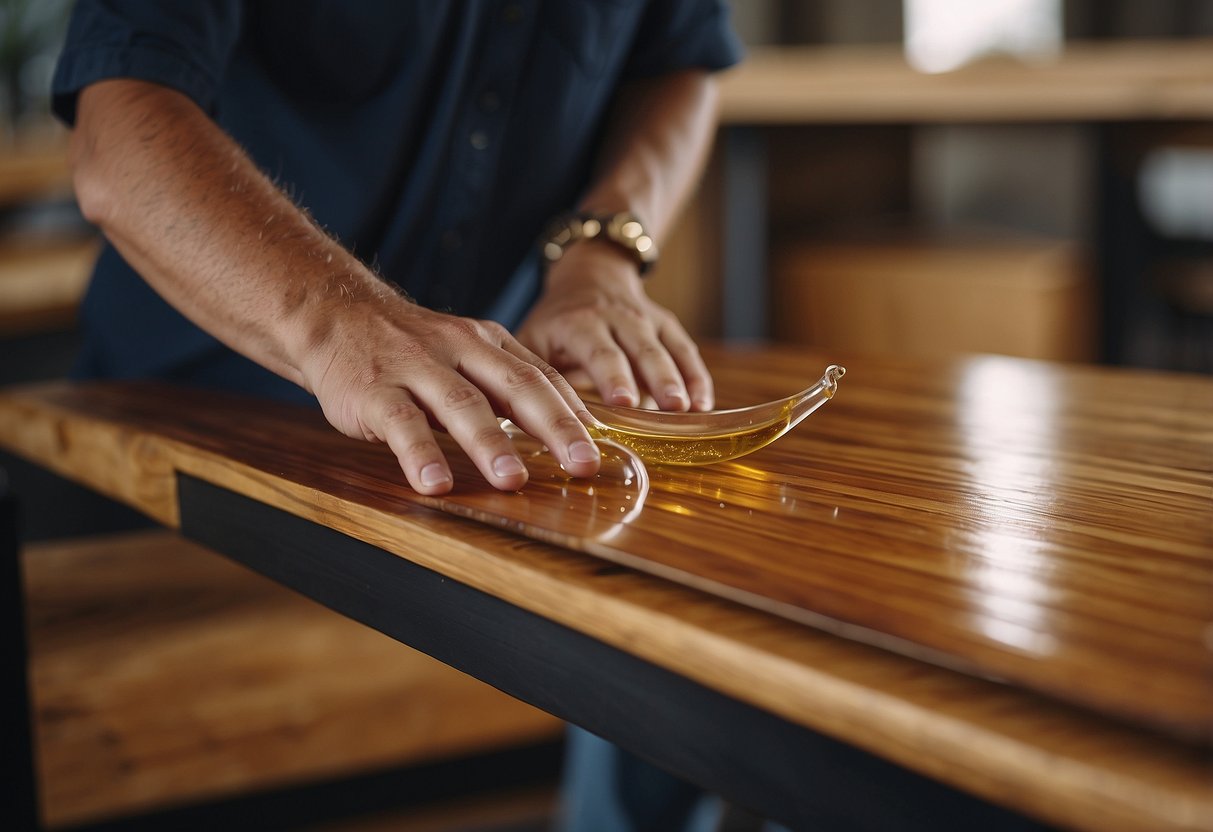 A customer clicks "add to cart" for teak furniture online, then carefully applies protective oil to the wood