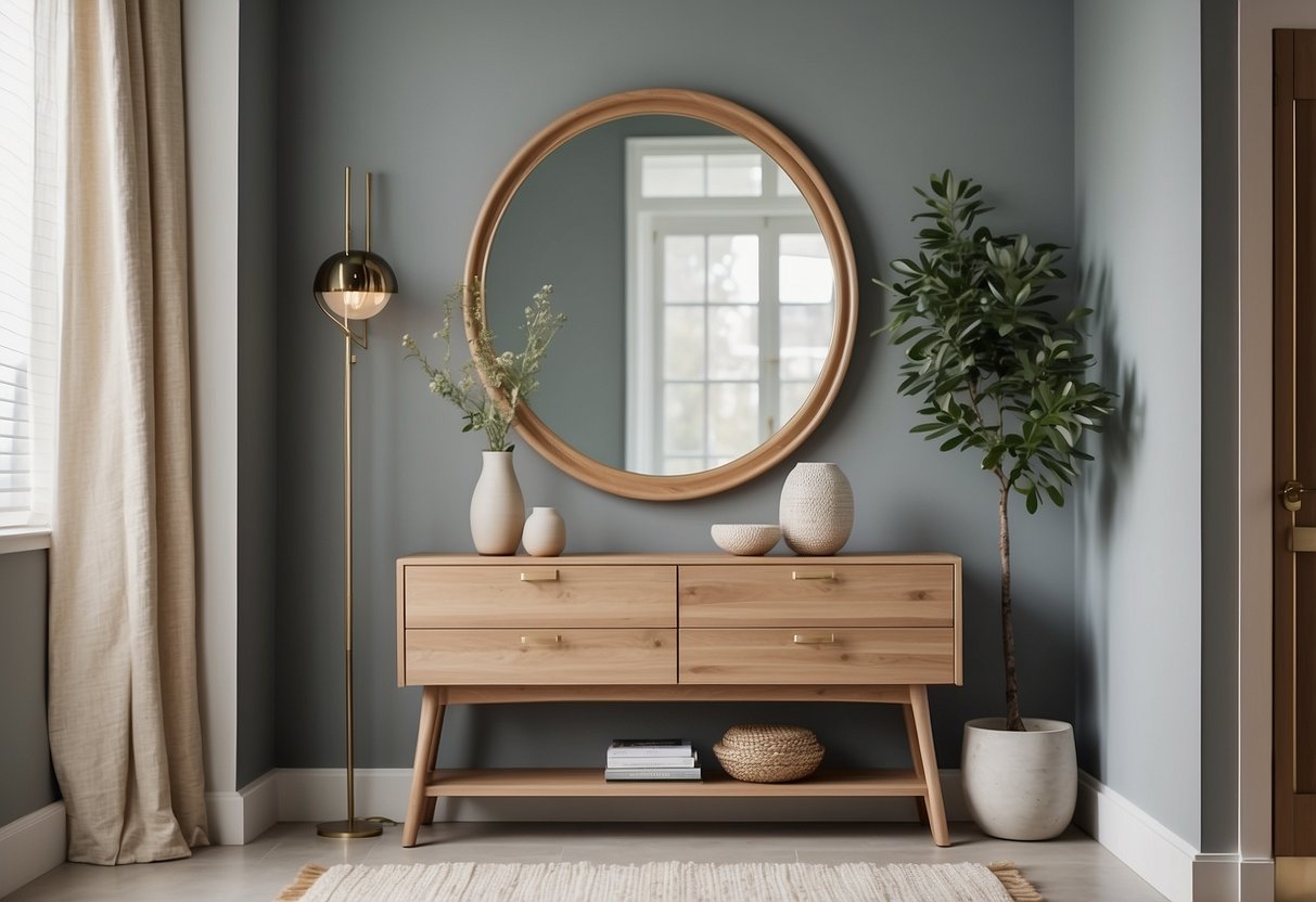 A small entryway with a sleek console table, a mirror, and a coat rack. The furniture is modern and minimalistic, with clean lines and neutral colors