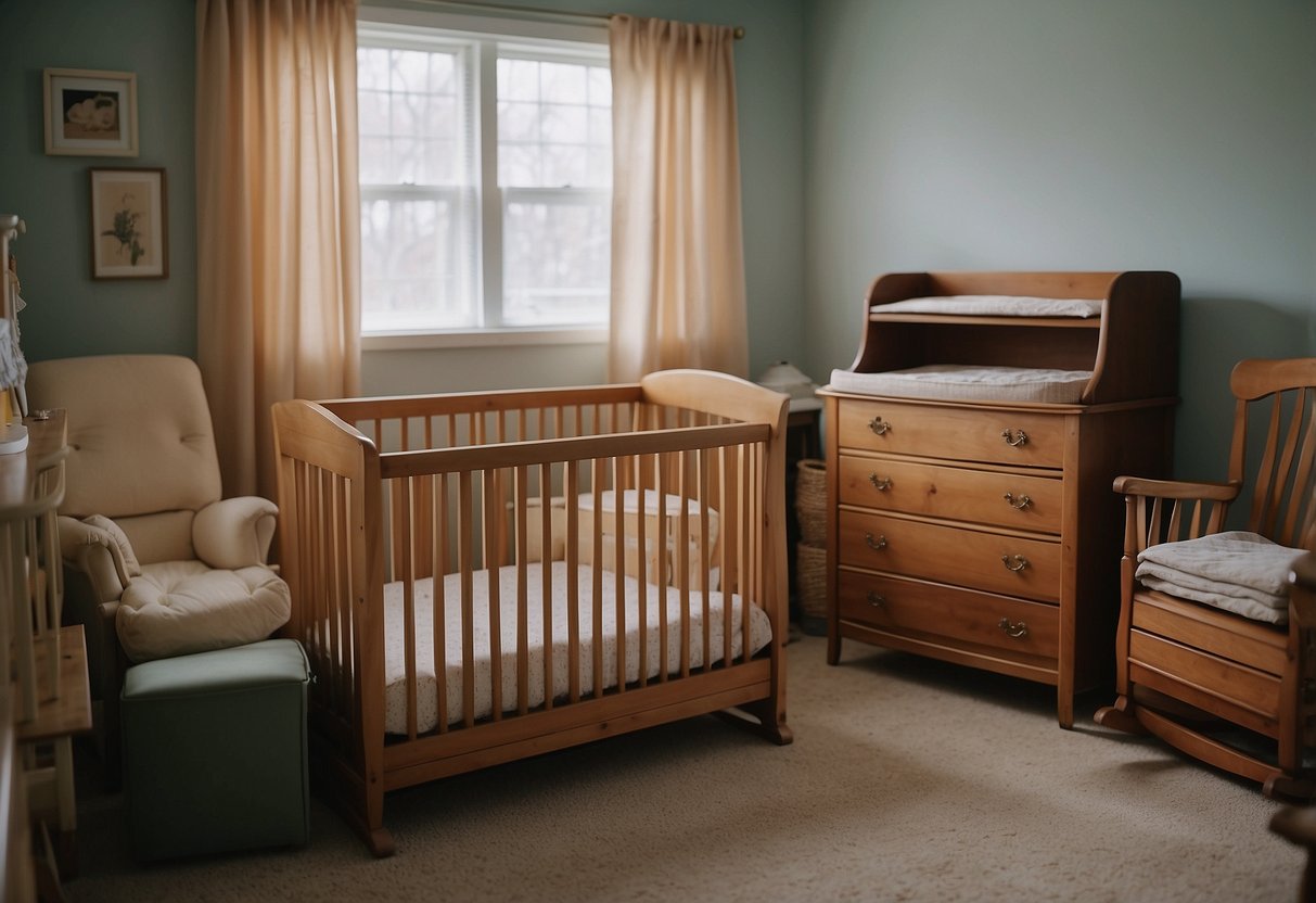 A cluttered room with basic, worn-out nursery furniture. A small, chipped crib, a faded changing table, and a simple rocking chair