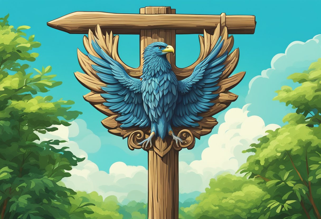 A large ERK emblem stands proudly on a rustic wooden signpost, surrounded by vibrant green foliage and bright blue skies