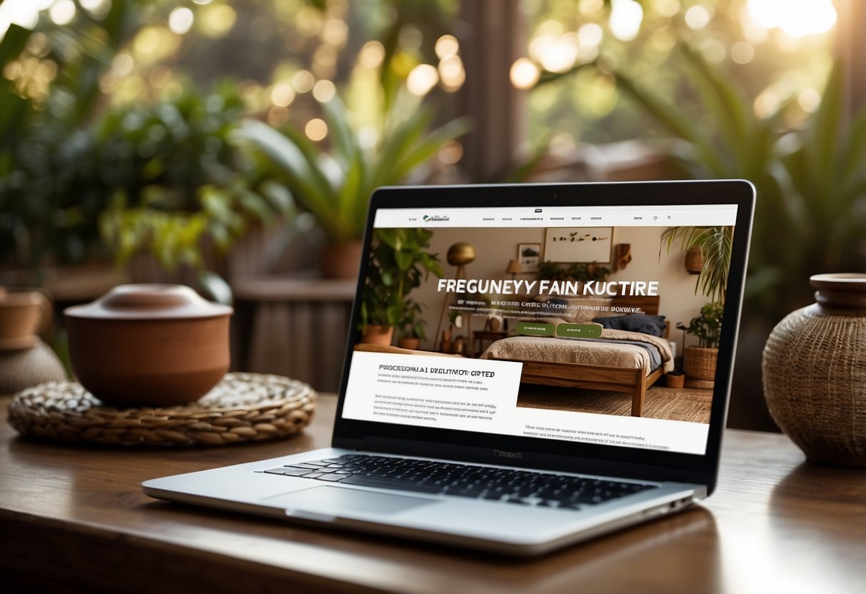 A laptop open to a website with a "Frequently Asked Questions" section on buying teak furniture online, surrounded by teak furniture pieces and decorative elements
