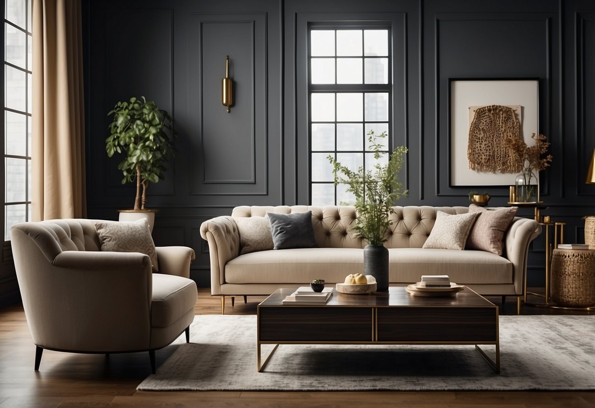 A room with a mix of classic and modern furniture pieces, showcasing different styles and designs. Rich textures and intricate details add depth to the space