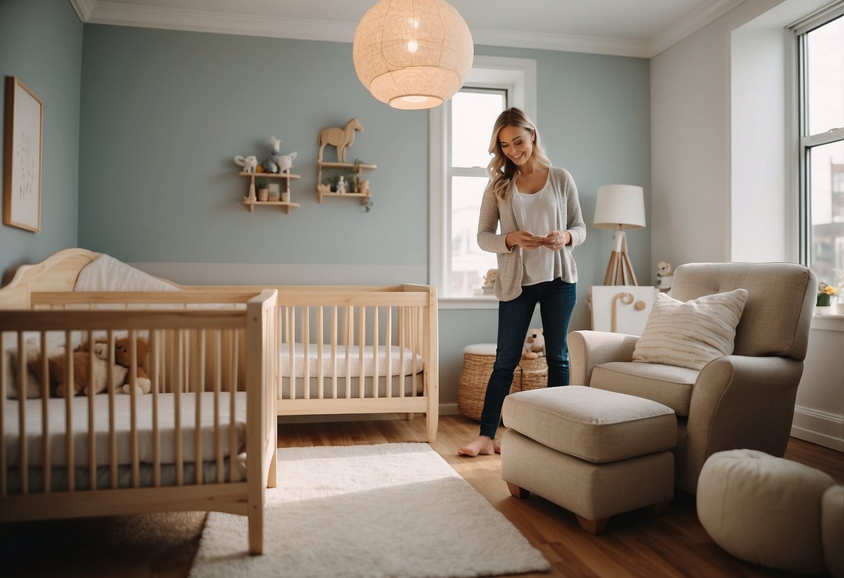A parent carefully chooses nursery furniture in a cozy, well-lit showroom. The furniture includes a crib, changing table, and rocking chair