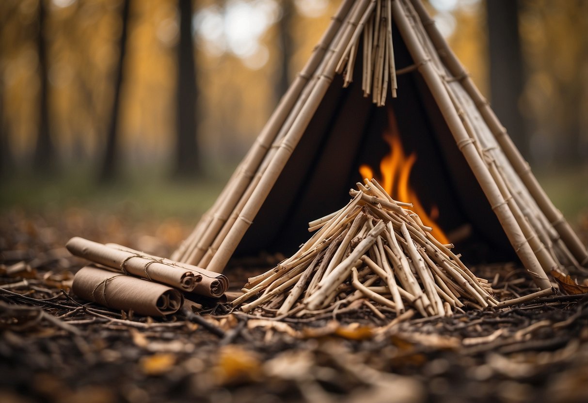 A pile of dry twigs and kindling arranged in a teepee shape, with a small mound of dry leaves and paper underneath. A box of matches sits nearby