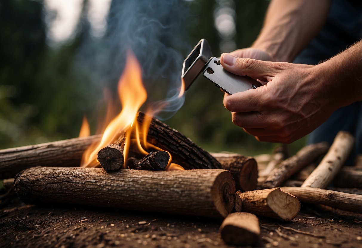 A hand reaches for the Zippo Fire Starter Kit, surrounded by kindling and logs, ready to ignite a campfire