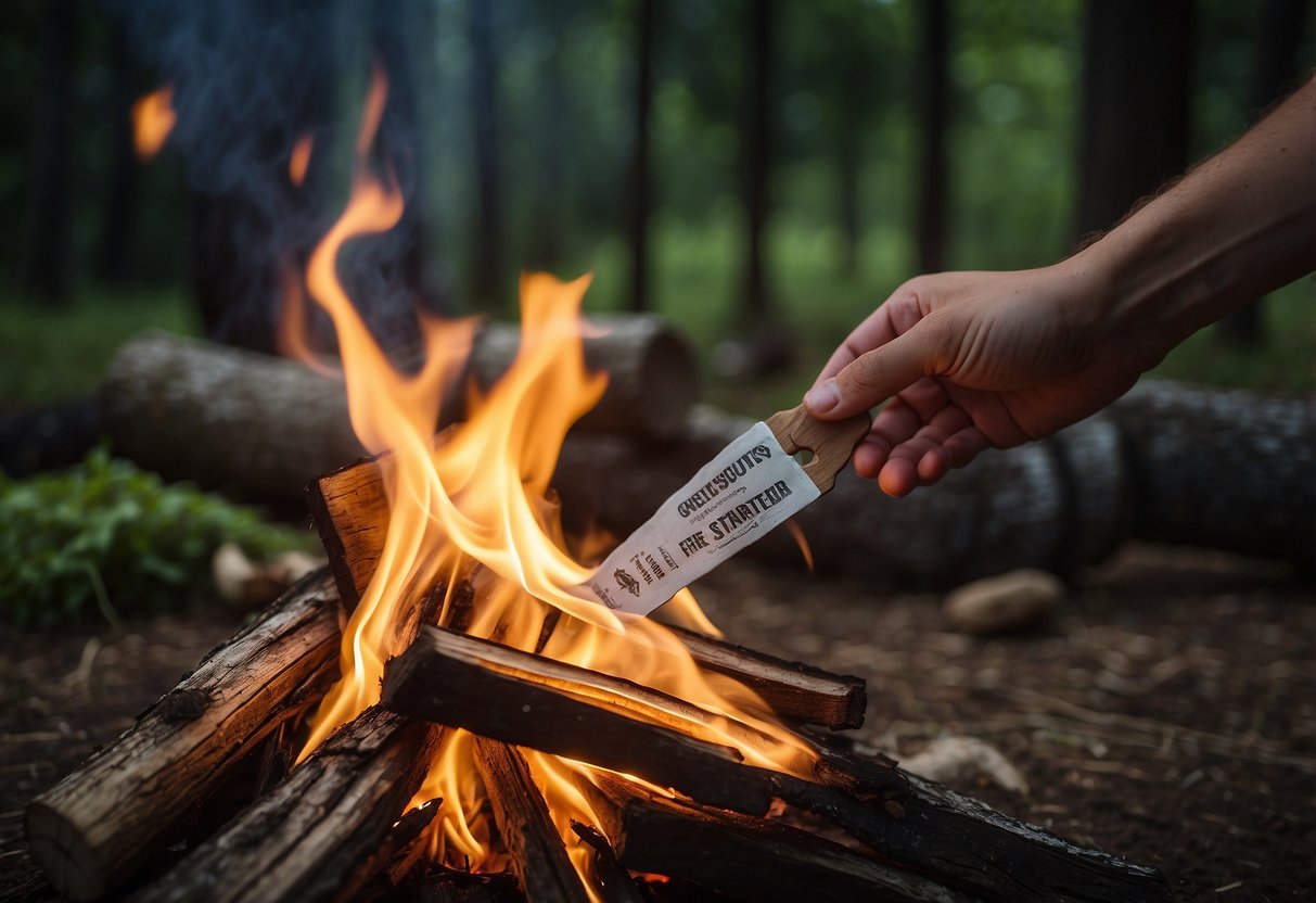 A hand reaches for GreenSpark Natural Fire Starter, igniting a campfire. The flames grow as the starter quickly and efficiently lights the wood