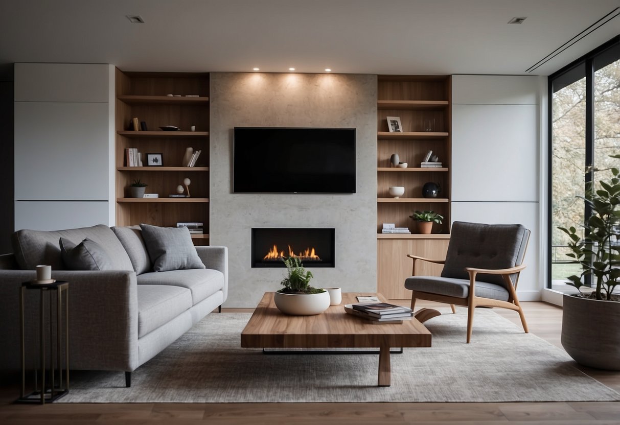 A modern living room with sleek media furniture, including a TV stand, shelves, and a comfortable seating area