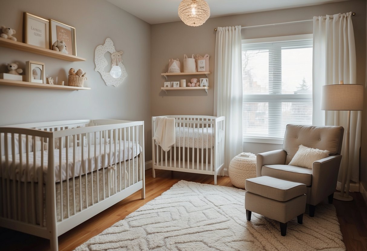 A cozy nursery with affordable furniture, soft lighting, and playful wall decals. A budget-friendly crib, changing table, and storage solutions complete the space