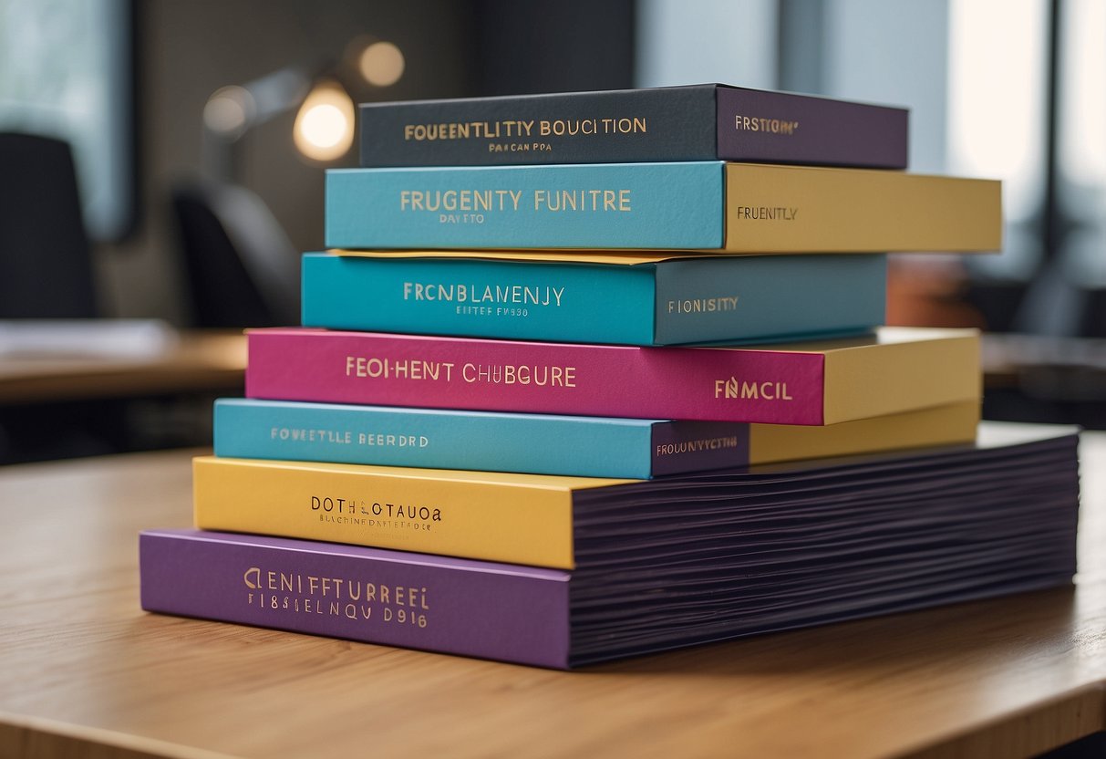 A stack of colorful brochures next to a sleek, modern desk with a sign reading "Frequently Asked Questions chief furniture."