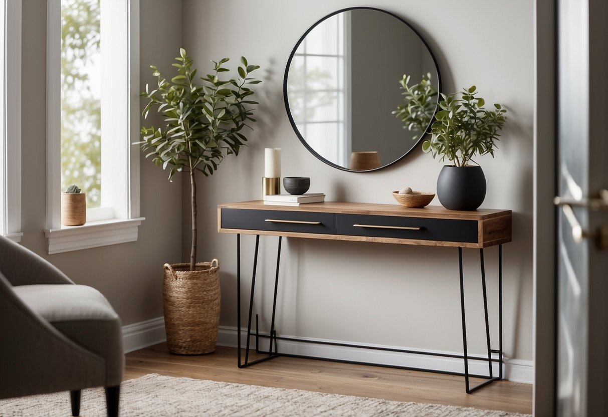 A narrow entryway with a sleek console table, a wall mirror, and a stylish coat rack. The space is bright and tidy, with a few decorative accents adding personality