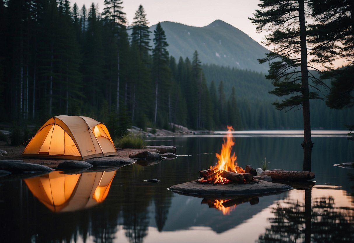 A serene lake surrounded by towering pine trees, with a crackling campfire in the foreground and a cozy tent nestled among the wilderness